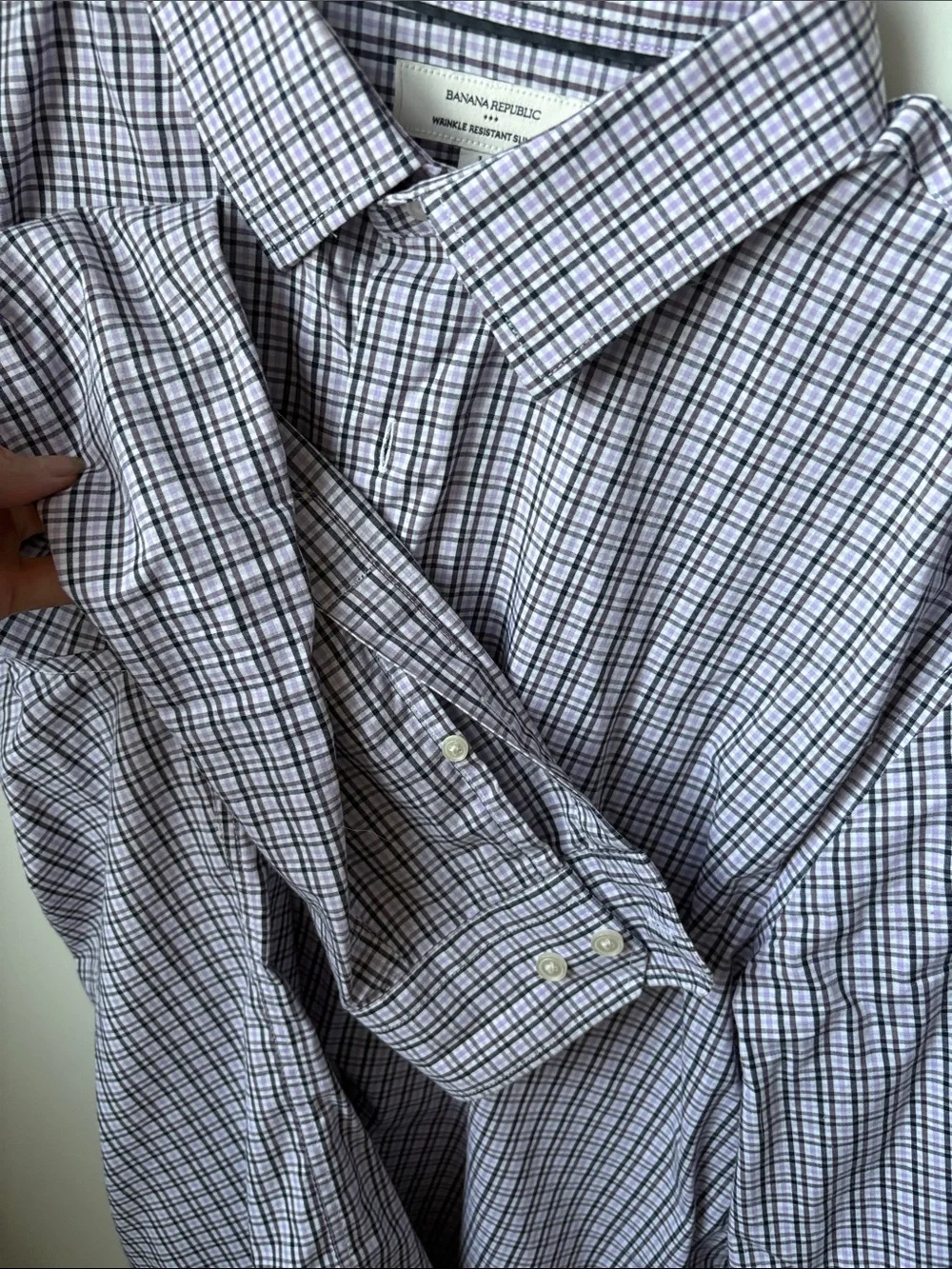 Banana Republic Men's Purple and White Check Slim Fit Wrinkle Resist Dress Shirt